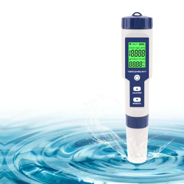 5-in-1 Portable Water Quality Test Pen for pH and Salinity Testing showing digital display in water for pH salinity TDS conductivity and temperature monitoring