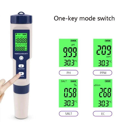 5-in-1 Portable Water Quality Test Pen for pH and Salinity Testing handheld meter showing pH, PPM, SALT and EC readings on green display