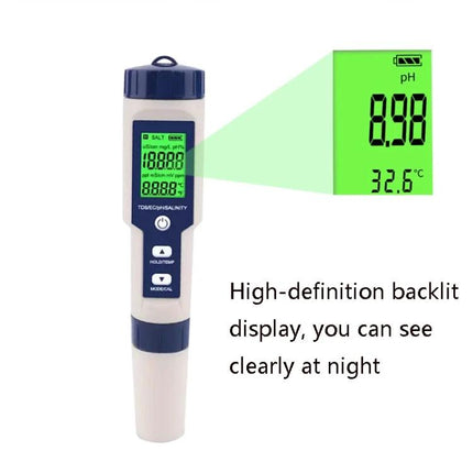 5-in-1 Portable Water Quality Test Pen for pH and Salinity Testing with backlit LCD showing pH 8.98 and temperature 32.6°C