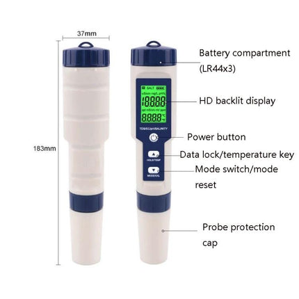 5-in-1 Portable Water Quality Test Pen for pH and Salinity Testing showing front/back views, HD backlit display, probe cap and labeled buttons