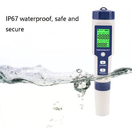 5-in-1 Portable Water Quality Test Pen for pH and Salinity Testing showing IP67 waterproof pen measuring pH salinity TDS conductivity temperature