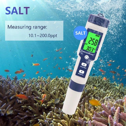 5-in-1 Portable Water Quality Test Pen for pH and Salinity Testing showing salinity reading over coral reef, portable pen measuring TDS conductivity temperature