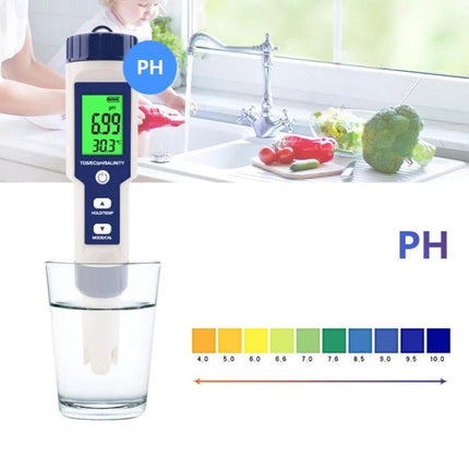 5-in-1 Portable Water Quality Test Pen for pH and Salinity Testing measuring pH in a glass with kitchen sink and pH color scale