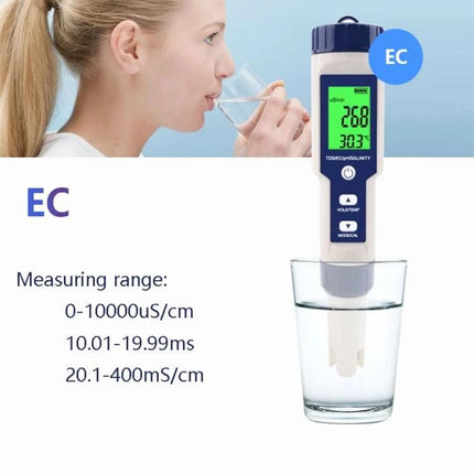 5-in-1 Portable Water Quality Test Pen for pH and Salinity Testing measuring EC in a glass of water with digital display