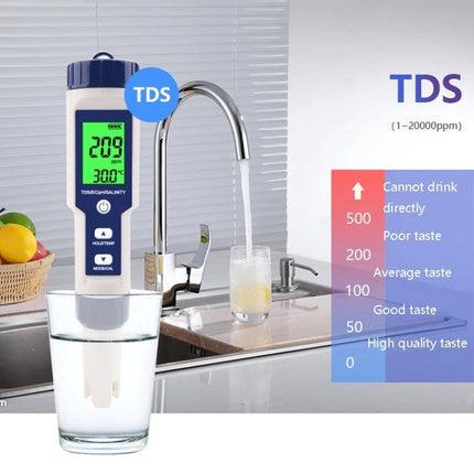 5-in-1 Portable Water Quality Test Pen for pH and Salinity Testing testing TDS, temperature, conductivity and pH in a glass at kitchen sink