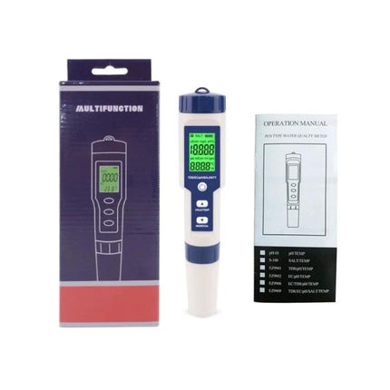 5-in-1 Portable Water Quality Test Pen for pH and Salinity Testing showing pen, packaging, and operation manual for on-the-go water testing