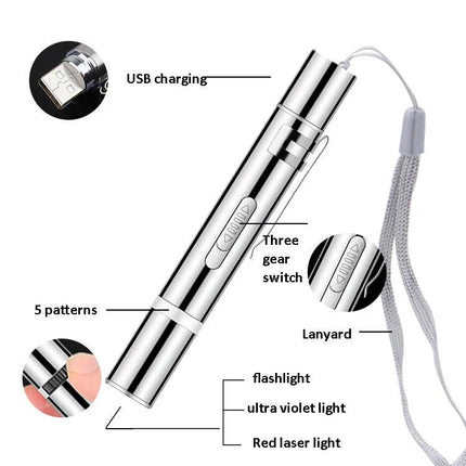 Fun Laser Stick Toy for Cats During Home Play Sessions - compact USB rechargeable laser stick with three-gear switch, red laser, white flashlight and purple UV light
