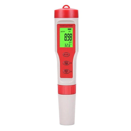 Portable 4-in-1 Device for Water Quality Testing and Monitoring handheld meter showing pH, TDS, EC and temperature readings