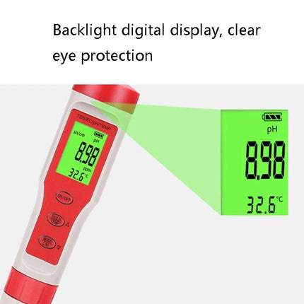 Portable 4-in-1 Device for Water Quality Testing and Monitoring showing backlight digital display with pH 8.98 and temperature 32.6°C