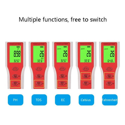 Portable 4-in-1 Device for Water Quality Testing and Monitoring showing PH TDS EC and temperature modes on handheld tester