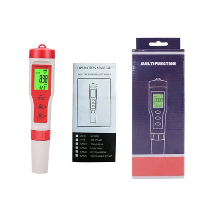 Portable 4-in-1 Device for Water Quality Testing and Monitoring showing red tester, manual, and box