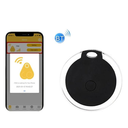 Bluetooth Key Tracker for Keys and Bags with Two-Way Alarm showing black round tracker and smartphone app