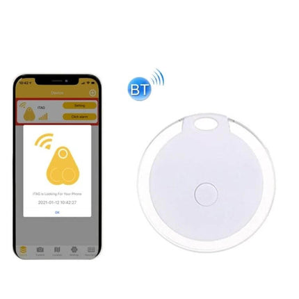 Bluetooth Key Tracker for Keys and Bags with Two-Way Alarm shown next to smartphone running iSearching app for locating keys and phone