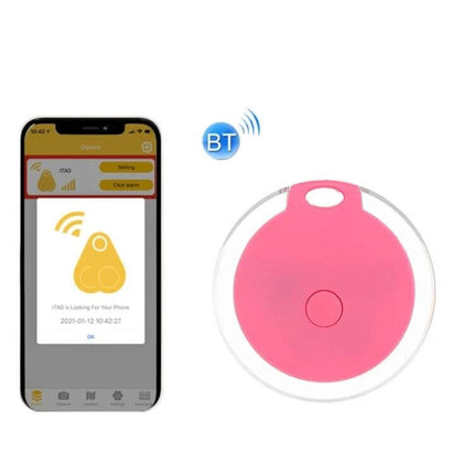 Bluetooth Key Tracker for Keys and Bags with Two-Way Alarm showing pink tracker next to smartphone app screen, Bluetooth 4.0 connection