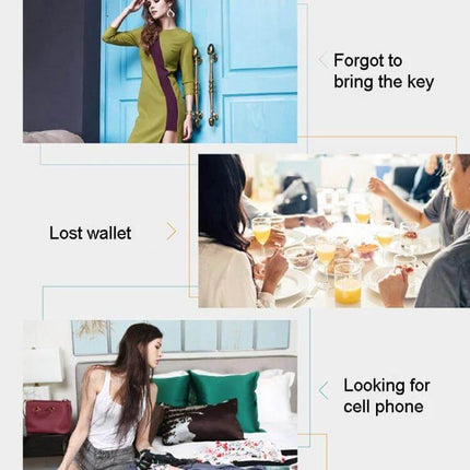 Bluetooth Key Tracker for Keys and Bags with Two-Way Alarm showing examples: forgot keys, lost wallet, looking for cell phone