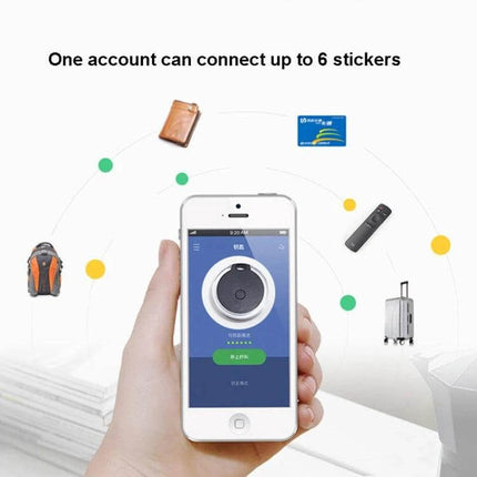 Bluetooth Key Tracker for Keys and Bags with Two-Way Alarm attached to keys and bags shown with smartphone app locating items