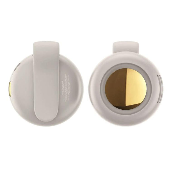 Small Portable Leafless Clip Waist Fan for On-the-Go Cooling clipped beige wearable fan with 360-degree adjustable wind, quiet hands-free cooling