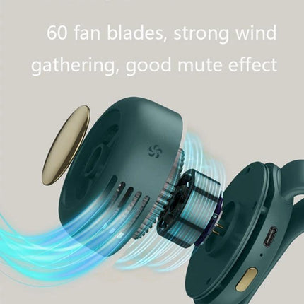 Small Portable Leafless Clip Waist Fan for On-the-Go Cooling showing exploded view of bladeless motor, clip, and 360-degree airflow