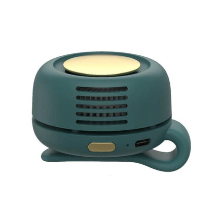 Small Portable Leafless Clip Waist Fan for On-the-Go Cooling clipped to belt, compact teal 360-degree adjustable wind, quiet targeted airflow