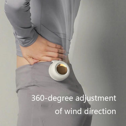 Small Portable Leafless Clip Waist Fan for On-the-Go Cooling clipped to belt showing 360-degree adjustable wind direction