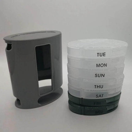 Portable 7 Day Pill Box For Travel And Easy Access showing stackable labeled daily compartments with clear dividers and compact travel case
