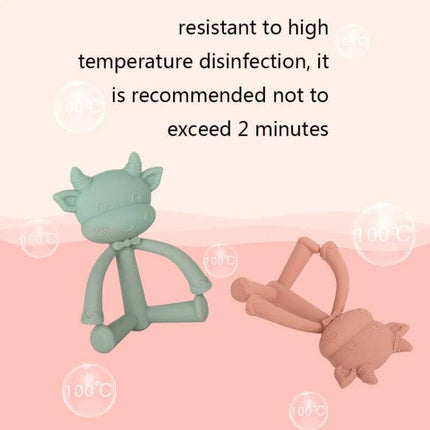 Three-Dimensional Cartoon Silicone Baby Teether for Soothing Gums - green cow and pink silicone teethers, lightweight safe design for babies 3+ months