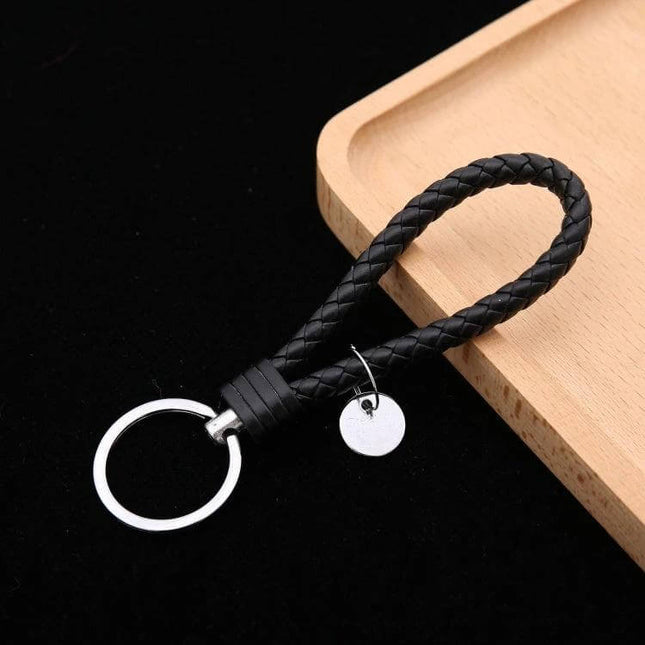 Woven Leather Cord Keychain, 13x3.2 Cm, Everyday Key Ring - black braided PU rope with iron ring and round pendant, compact everyday key organizer