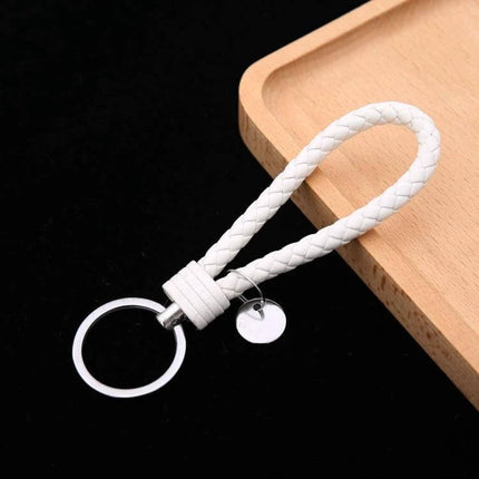 Woven Leather Cord Keychain, 13x3.2 Cm, Everyday Key Ring - white braided PU rope keychain with iron ring and small pendant