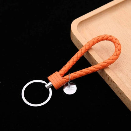 Woven Leather Cord Keychain, 13x3.2 Cm, Everyday Key Ring - orange braided PU rope with iron ring and corrosion-resistant hardware