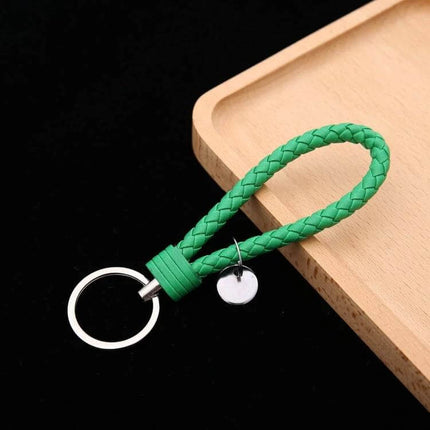 Woven Leather Cord Keychain, 13x3.2 Cm, Everyday Key Ring - green braided PU rope with iron ring and small pendant, 13x3.2 cm, corrosion-resistant hardware