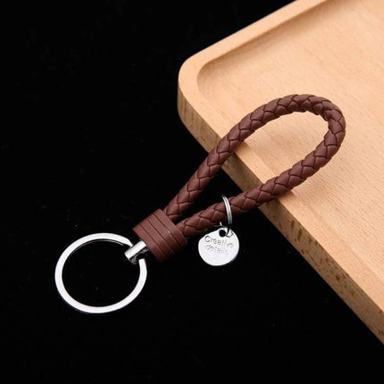 Woven Leather Cord Keychain, 13x3.2 Cm, Everyday Key Ring - brown braided PU rope with iron ring and corrosion-resistant hardware