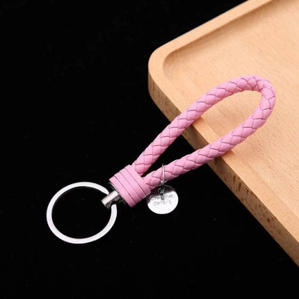 Woven Leather Cord Keychain, 13x3.2 Cm, Everyday Key Ring - pink braided PU rope with iron ring and corrosion-resistant hardware
