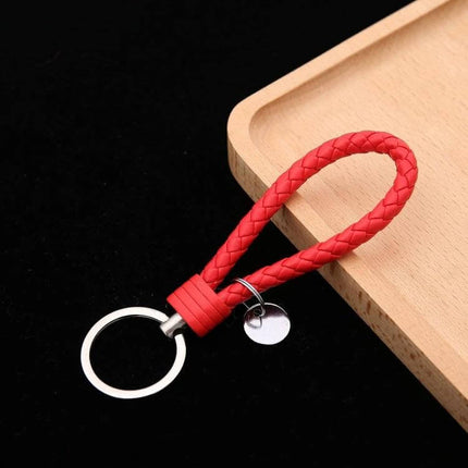 Woven Leather Cord Keychain, 13x3.2 Cm, Everyday Key Ring - red braided PU rope with iron ring and small pendant, corrosion-resistant hardware