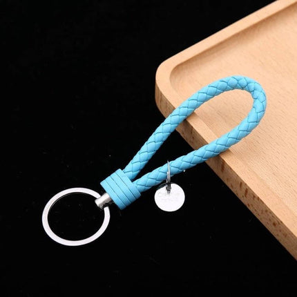 Woven Leather Cord Keychain, 13x3.2 Cm, Everyday Key Ring - braided blue PU rope with iron ring and corrosion-resistant hardware