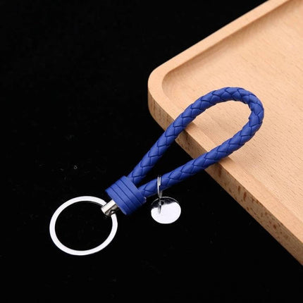 Woven Leather Cord Keychain, 13x3.2 Cm, Everyday Key Ring - blue braided PU rope with iron ring and pendant, compact organizer