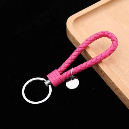 Woven Leather Cord Keychain, 13x3.2 Cm, Everyday Key Ring - pink braided PU rope with iron ring and small pendant, 13x3.2 cm