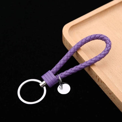 Woven Leather Cord Keychain, 13x3.2 Cm, Everyday Key Ring - purple braided PU rope keychain with iron ring and corrosion-resistant hardware