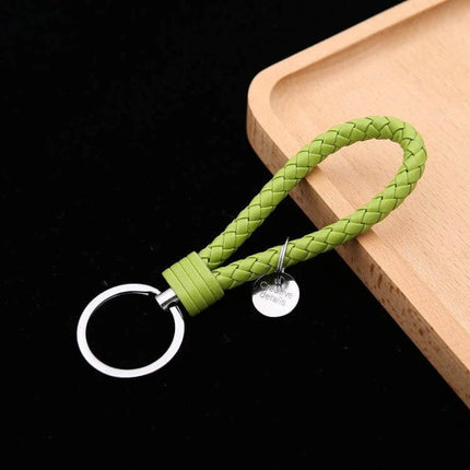 Woven Leather Cord Keychain, 13x3.2 Cm, Everyday Key Ring - green braided PU rope with iron ring and small pendant, 13x3.2 cm