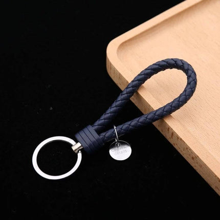 Woven Leather Cord Keychain, 13x3.2 Cm, Everyday Key Ring - navy braided PU rope with iron ring and small pendant