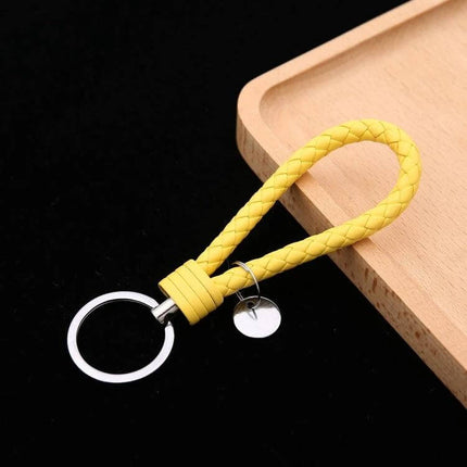 Woven Leather Cord Keychain, 13x3.2 Cm, Everyday Key Ring - yellow braided PU rope with iron ring and small pendant, corrosion-resistant hardware