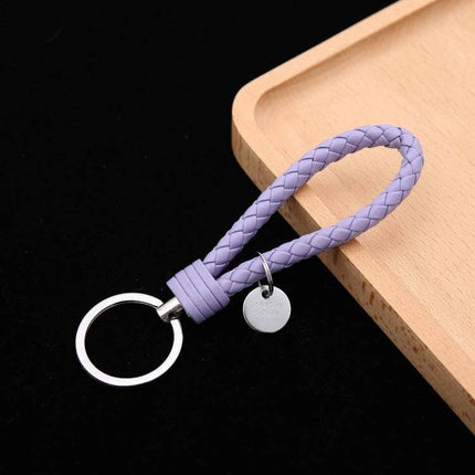 Woven Leather Cord Keychain, 13x3.2 Cm, Everyday Key Ring – braided lavender PU rope with iron ring and pendant for keys and USB drives