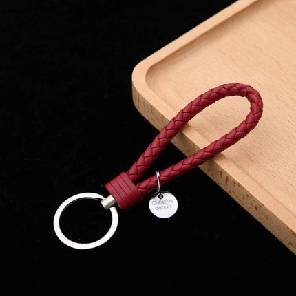 Woven Leather Cord Keychain, 13x3.2 Cm, Everyday Key Ring - braided red PU rope with iron ring and corrosion-resistant hardware