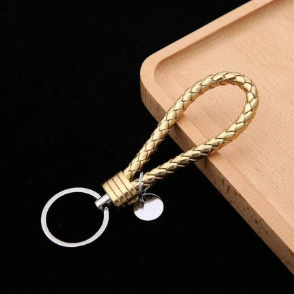 Woven Leather Cord Keychain, 13x3.2 Cm, Everyday Key Ring - braided gold PU rope with iron ring and small pendant