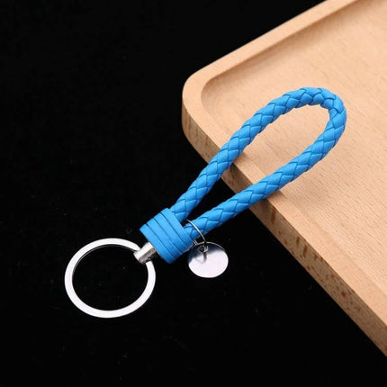 Woven Leather Cord Keychain, 13x3.2 Cm, Everyday Key Ring - blue braided PU rope with iron ring and pendant, corrosion-resistant hardware