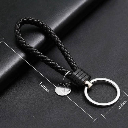 Woven Leather Cord Keychain, 13x3.2 Cm, Everyday Key Ring – black braided PU rope with iron ring and small pendant, 13x3.2 cm compact organizer