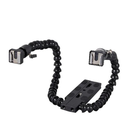 Flexible Dual Arm Hot Shoe Bracket for Camera Lighting - adjustable dual-arm mount with two hot shoe heads on flexible arms, aluminum alloy and ABS construction