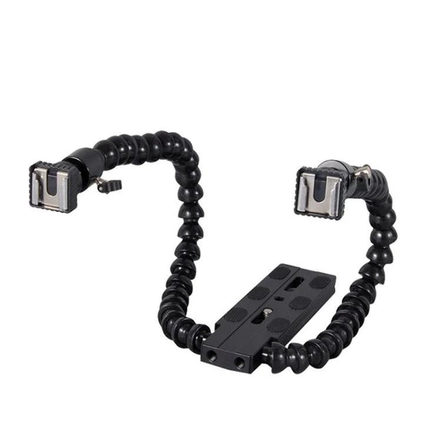 Flexible Dual Arm Hot Shoe Bracket for Camera Lighting - adjustable dual-arm mount with two hot shoe heads on flexible arms, aluminum alloy and ABS construction