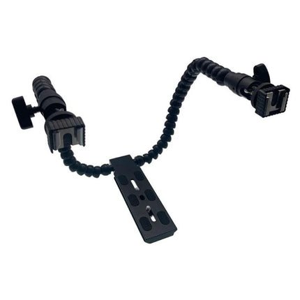 Flexible Dual Arm Hot Shoe Bracket for Camera Lighting mounted with dual adjustable arms and cold shoe mounts, durable aluminum alloy and ABS construction