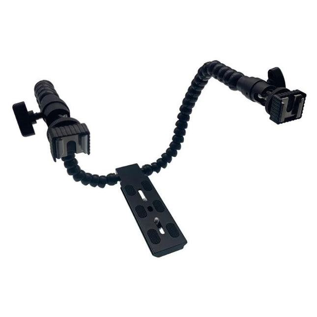 Flexible Dual Arm Hot Shoe Bracket for Camera Lighting mounted with dual adjustable arms and cold shoe mounts, durable aluminum alloy and ABS construction