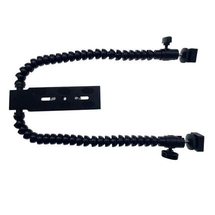 Flexible Dual Arm Hot Shoe Bracket for Camera Lighting mounted with adjustable aluminum alloy arms for flashes and LED lights